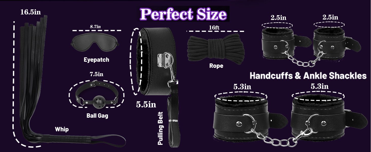 handcuff, ankle cuffs, ball gag, collar, blindfold, whip, Traction rope, rope