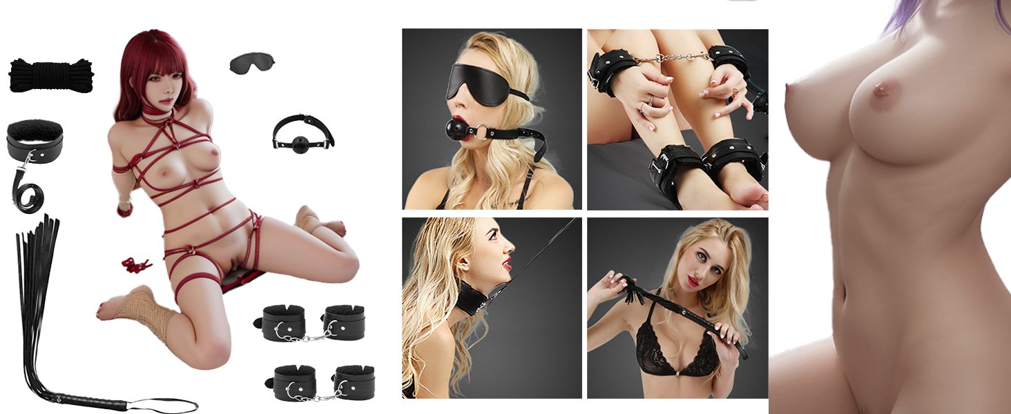 handcuff, ankle cuffs, ball gag, collar, blindfold, whip, Traction rope, rope
