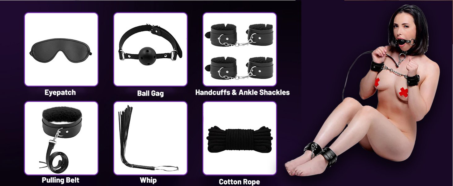 handcuff, ankle cuffs, ball gag, collar, blindfold, whip, Traction rope, rope